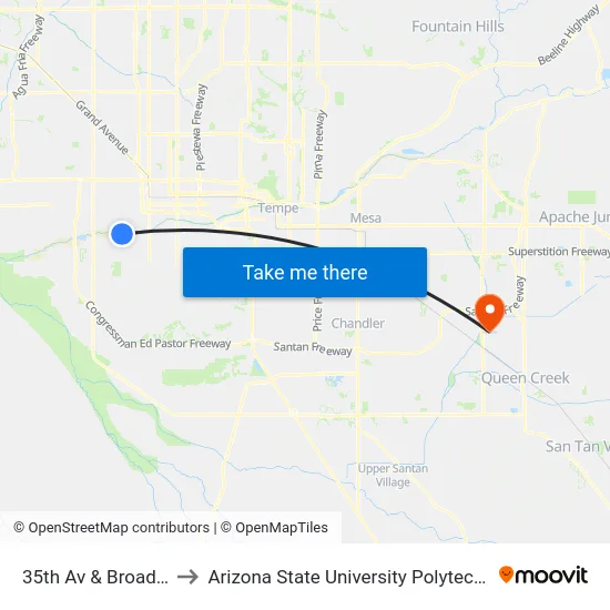 35th Av & Broadway Rd to Arizona State University Polytechnic campus map