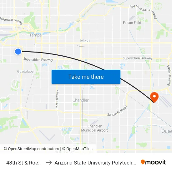 48th St & Roeser Rd to Arizona State University Polytechnic campus map