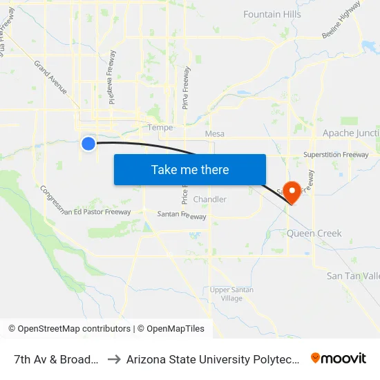 7th Av & Broadway Rd to Arizona State University Polytechnic campus map