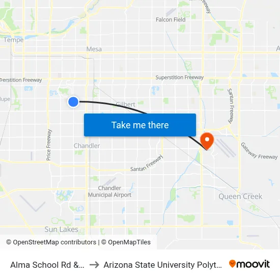 Alma School Rd & Pecos Av to Arizona State University Polytechnic campus map