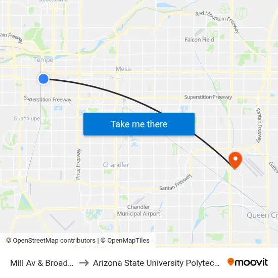 Mill Av & Broadway Rd to Arizona State University Polytechnic campus map