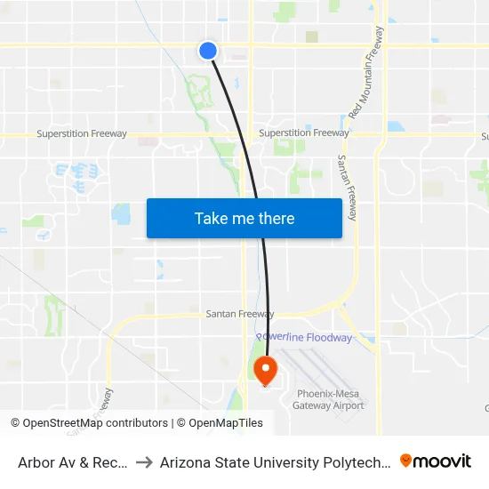 Arbor Av & Recker Rd to Arizona State University Polytechnic campus map