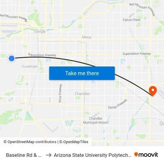 Baseline Rd & 36th St to Arizona State University Polytechnic campus map