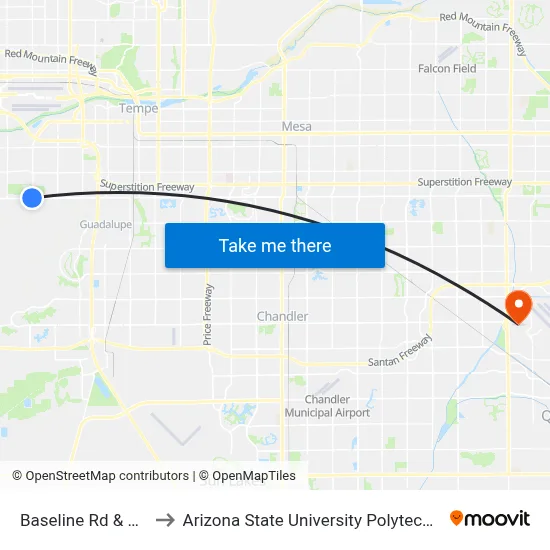 Baseline Rd & 32nd St to Arizona State University Polytechnic campus map