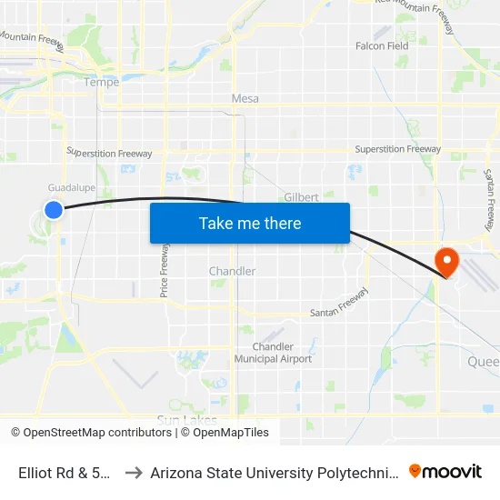 Elliot Rd & 51st St to Arizona State University Polytechnic campus map