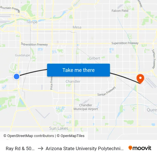 Ray Rd & 50th St to Arizona State University Polytechnic campus map
