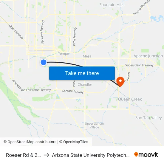 Roeser Rd & 24th St to Arizona State University Polytechnic campus map