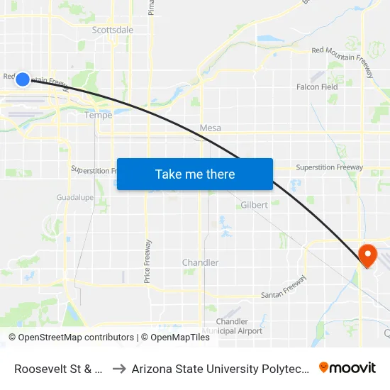 Roosevelt St & 32nd St to Arizona State University Polytechnic campus map