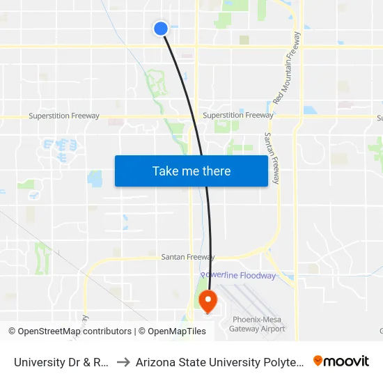 University Dr & Recker Rd to Arizona State University Polytechnic campus map