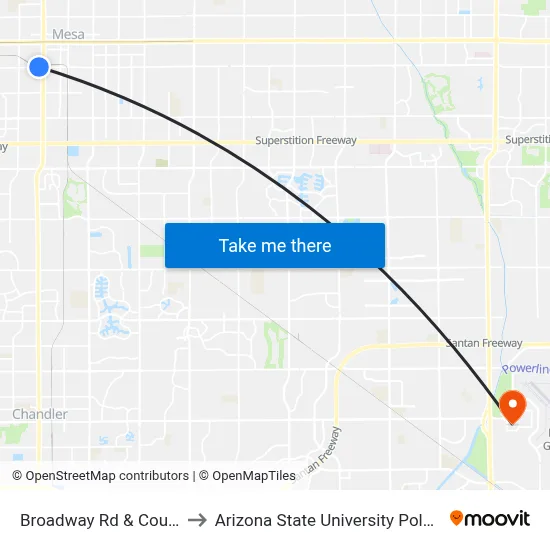 Broadway Rd & Country Club Dr to Arizona State University Polytechnic campus map