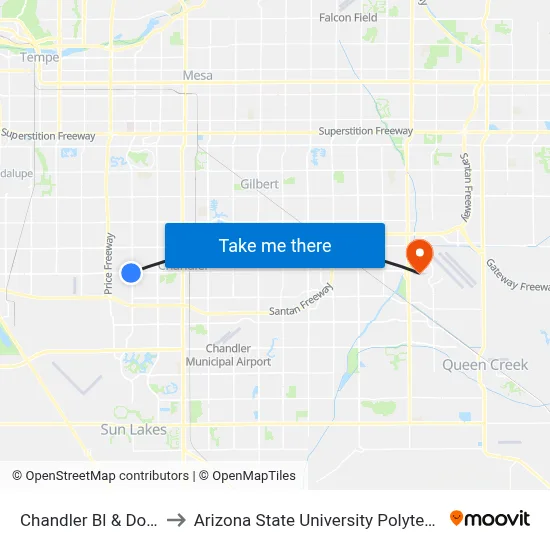 Chandler Bl & Dobson Rd to Arizona State University Polytechnic campus map