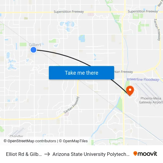Elliot Rd & Gilbert Rd to Arizona State University Polytechnic campus map