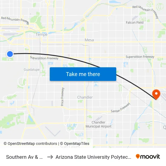 Southern Av & 32nd St to Arizona State University Polytechnic campus map