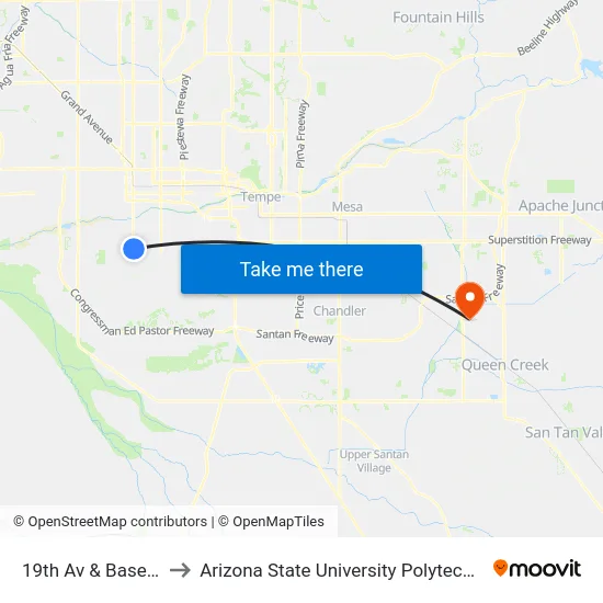 19th Av & Baseline Rd to Arizona State University Polytechnic campus map