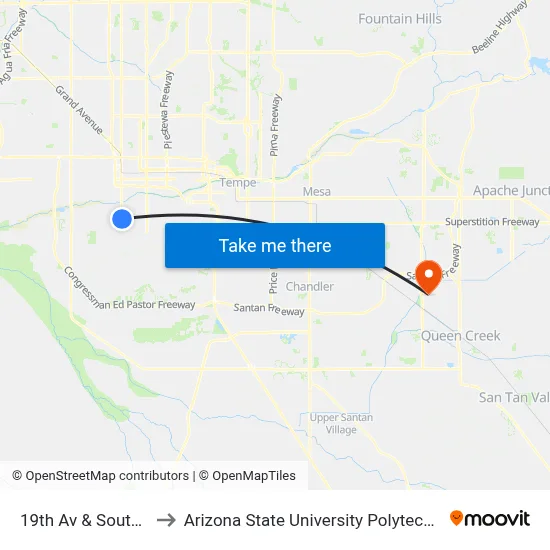 19th Av & Southern Av to Arizona State University Polytechnic campus map