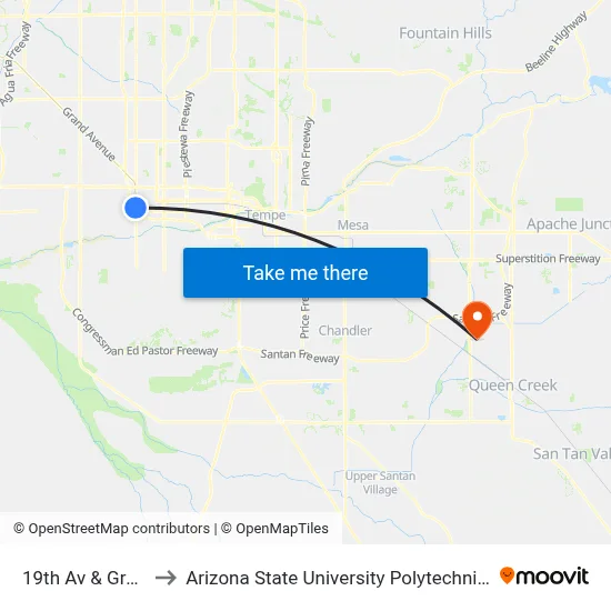 19th Av & Grant St to Arizona State University Polytechnic campus map