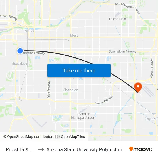 Priest Dr & Us 60 to Arizona State University Polytechnic campus map