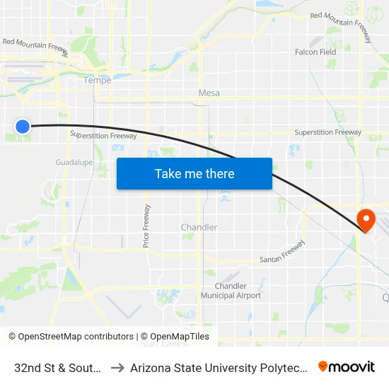 32nd St & Southern Av to Arizona State University Polytechnic campus map