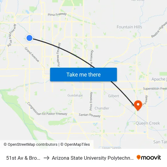 51st Av & Brown St to Arizona State University Polytechnic campus map