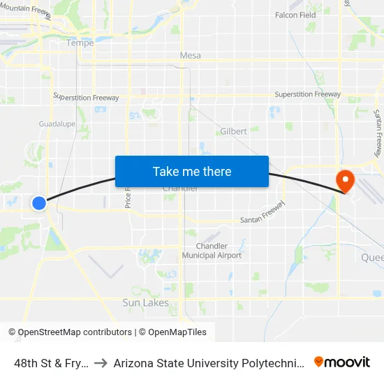 48th St & Frye Rd to Arizona State University Polytechnic campus map