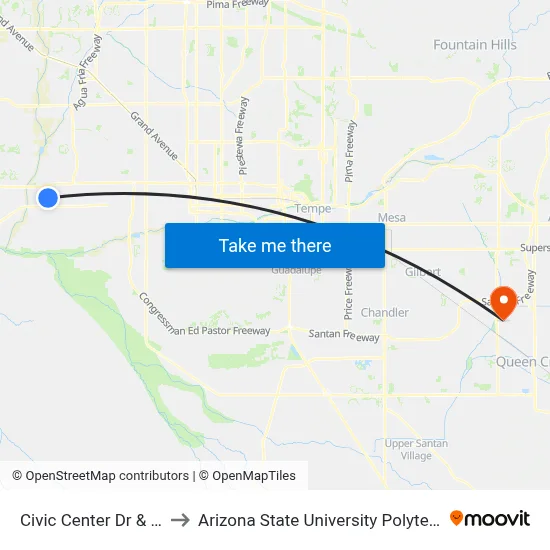 Civic Center Dr & 114th Av to Arizona State University Polytechnic campus map