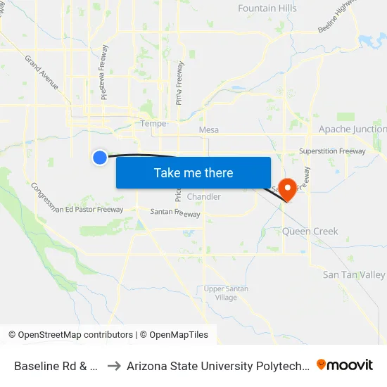 Baseline Rd & 18th Pl to Arizona State University Polytechnic campus map