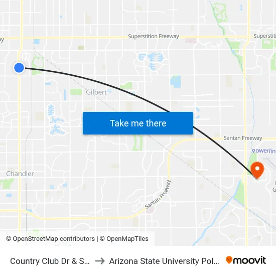 Country Club Dr & San Angelo St to Arizona State University Polytechnic campus map