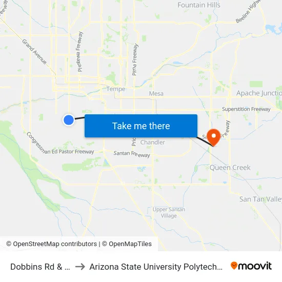 Dobbins Rd & 7th St to Arizona State University Polytechnic campus map