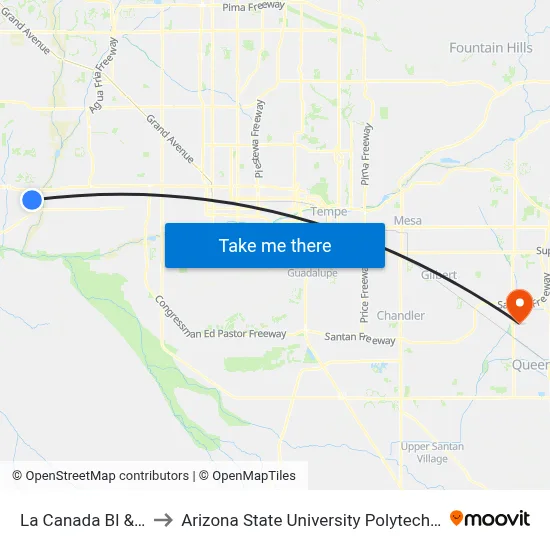 La Canada Bl & 4th St to Arizona State University Polytechnic campus map
