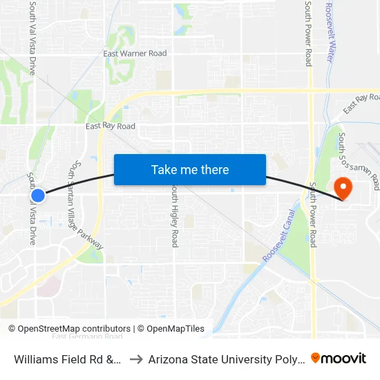 Williams Field Rd & Val Vista Dr to Arizona State University Polytechnic campus map