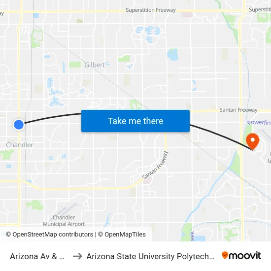 Arizona Av & Ray Rd to Arizona State University Polytechnic campus map
