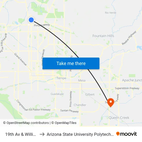 19th Av & Williams Dr to Arizona State University Polytechnic campus map