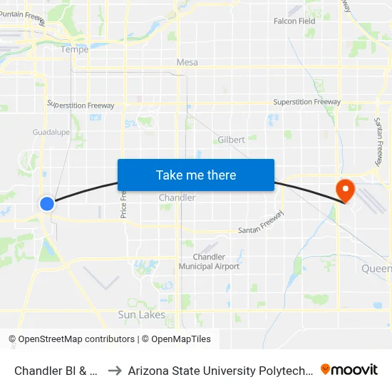 Chandler Bl & 54th St to Arizona State University Polytechnic campus map