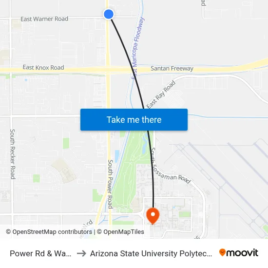 Power Rd & Warner Rd to Arizona State University Polytechnic campus map