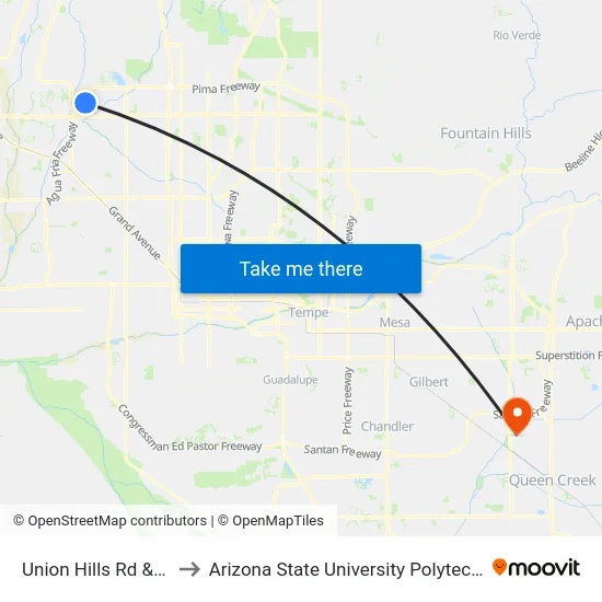 Union Hills Rd & 75th Av to Arizona State University Polytechnic campus map
