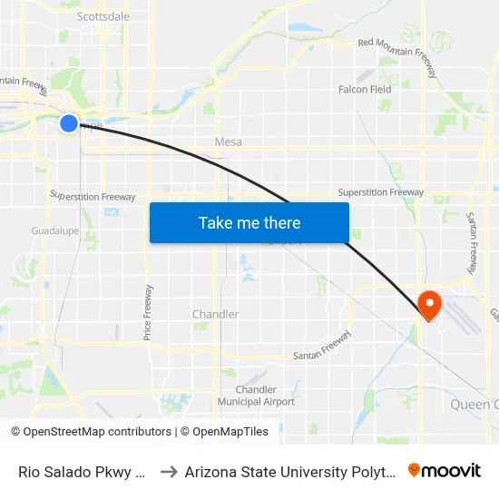 Rio Salado Pkwy & Hardy Dr to Arizona State University Polytechnic campus map