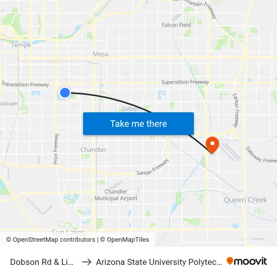 Dobson Rd & Lindner Av to Arizona State University Polytechnic campus map