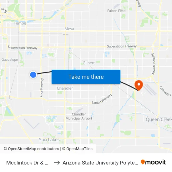 Mcclintock Dr & Warner Rd to Arizona State University Polytechnic campus map