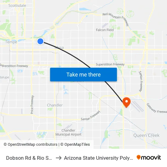 Dobson Rd & Rio Salado Pkwy to Arizona State University Polytechnic campus map