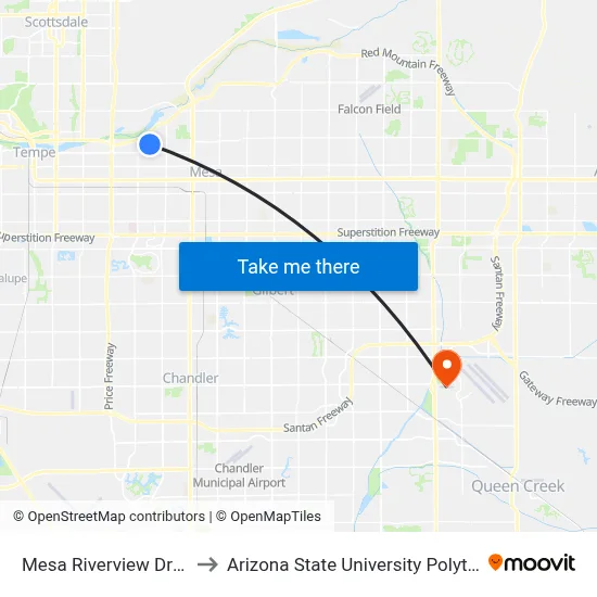 Mesa Riverview Dr & Walmart to Arizona State University Polytechnic campus map