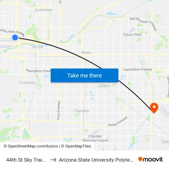 44th St Sky Train Station to Arizona State University Polytechnic campus map