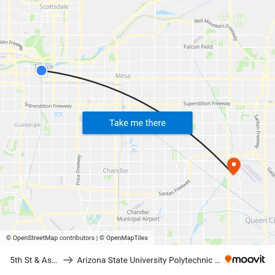5th St & Ash Av to Arizona State University Polytechnic campus map