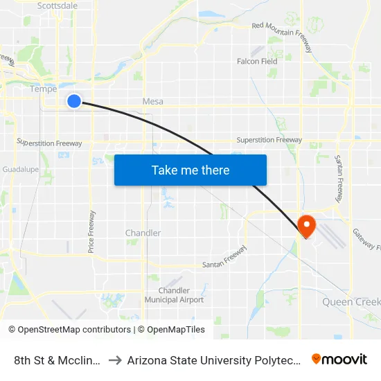 8th St & Mcclintock Dr to Arizona State University Polytechnic campus map