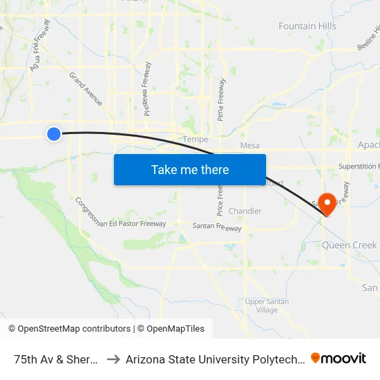 75th Av & Sherman St to Arizona State University Polytechnic campus map