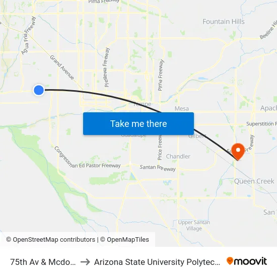 75th Av & Mcdowell Rd to Arizona State University Polytechnic campus map