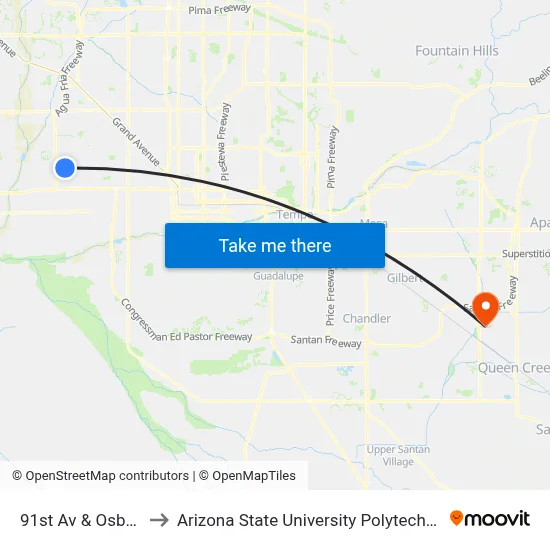 91st Av & Osborn Rd to Arizona State University Polytechnic campus map