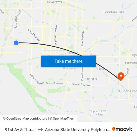 91st Av & Thomas Rd to Arizona State University Polytechnic campus map