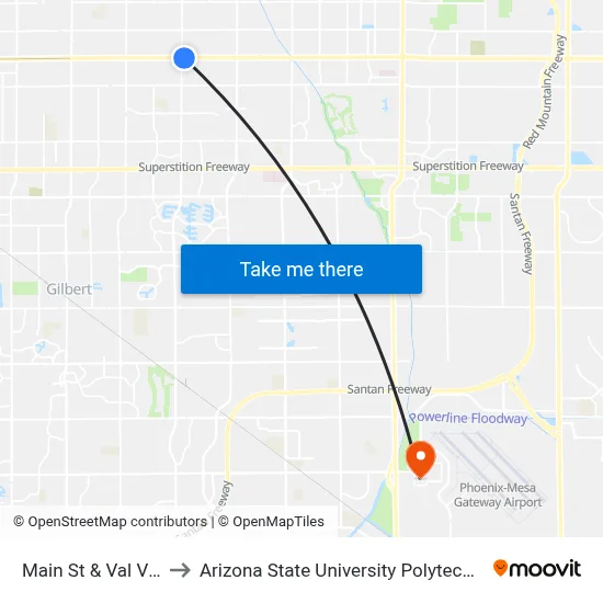 Main St & Val Vista Dr to Arizona State University Polytechnic campus map