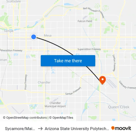 Sycamore/Main St Tc to Arizona State University Polytechnic campus map