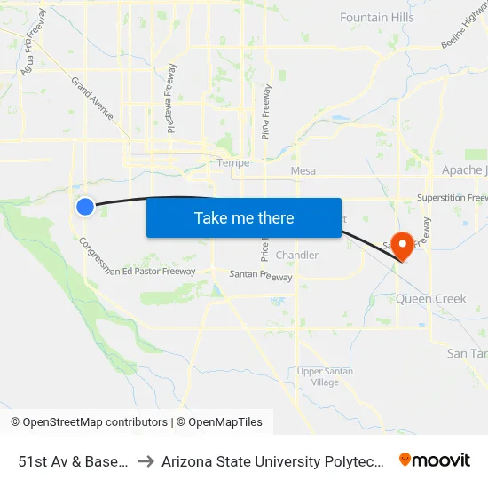 51st Av & Baseline Rd to Arizona State University Polytechnic campus map